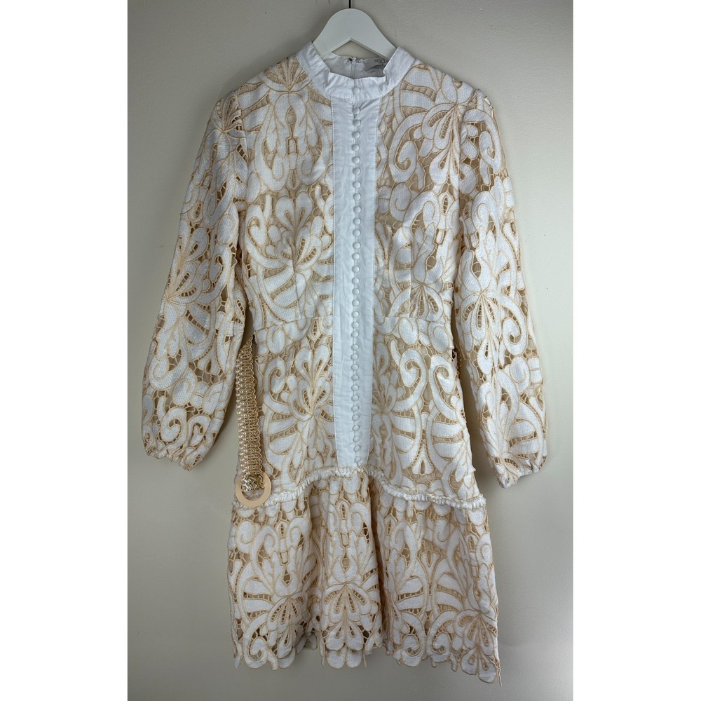 Mulla Embroidery Floral Lace Mock Neck Long Sleeve Mini Dress Ivory Belted Small - Picture 14 of 14